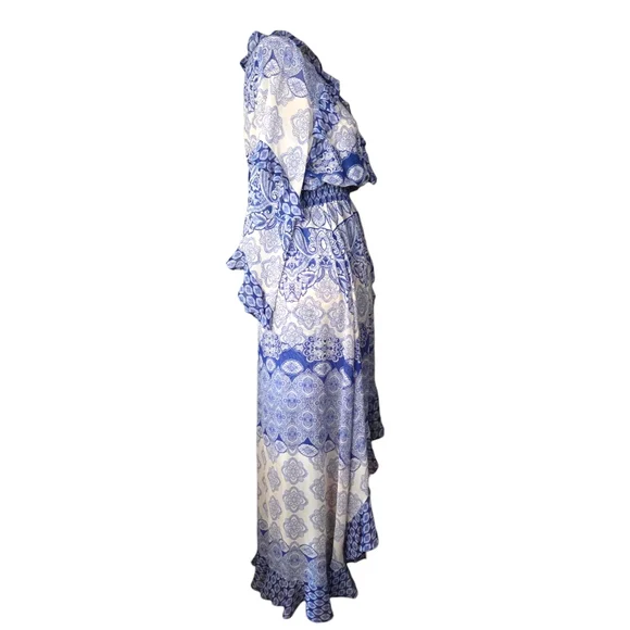 NWT MISA Imaan Size Small Blue White Multi Tile Ruffle Sheer High-Low Maxi Dress